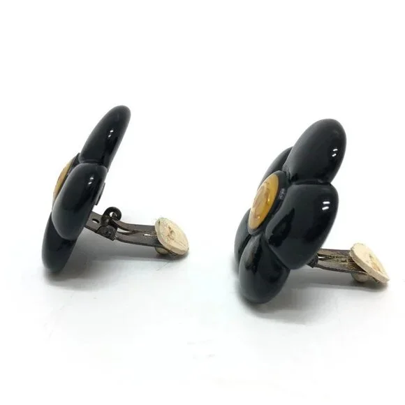 CHANEL 96P CC Mark Flower Black Earrings Accessories Earrings Plastic Black/Gold - Picture 2 of 7